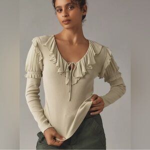 Anthropologie Ruffle Tie-Neck Knit Top Size M – Romantic Boho Blouse Moss Green